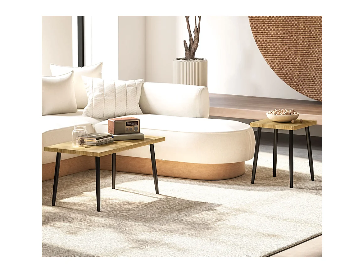 2er-Set Kaffeetische, Großer und kleiner Tisch mit Metallrahmen und Holzplatte, Flexible Kaffeetisch,Sofatisch Wohnzimmertisch