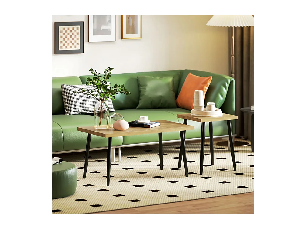2er-Set Kaffeetische, Großer und kleiner Tisch mit Metallrahmen und Holzplatte, Flexible Kaffeetisch,Sofatisch Wohnzimmertisch