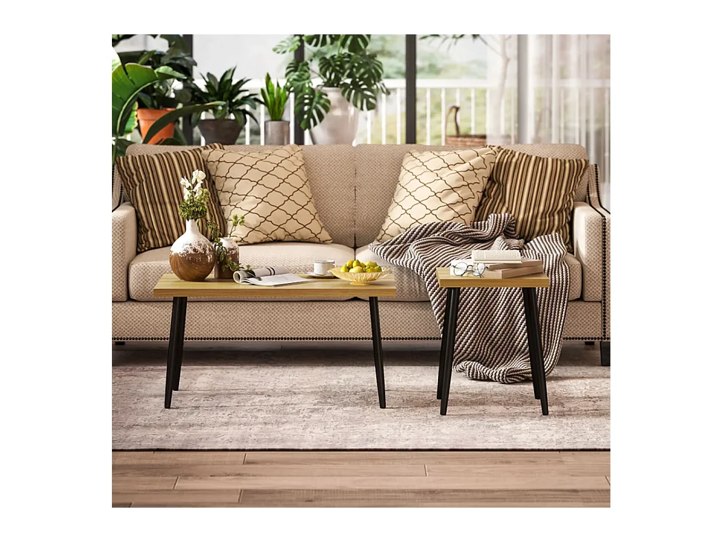 2er-Set Kaffeetische, Großer und kleiner Tisch mit Metallrahmen und Holzplatte, Flexible Kaffeetisch,Sofatisch Wohnzimmertisch