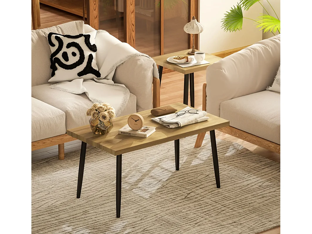 2er-Set Kaffeetische, Großer und kleiner Tisch mit Metallrahmen und Holzplatte, Flexible Kaffeetisch,Sofatisch Wohnzimmertisch