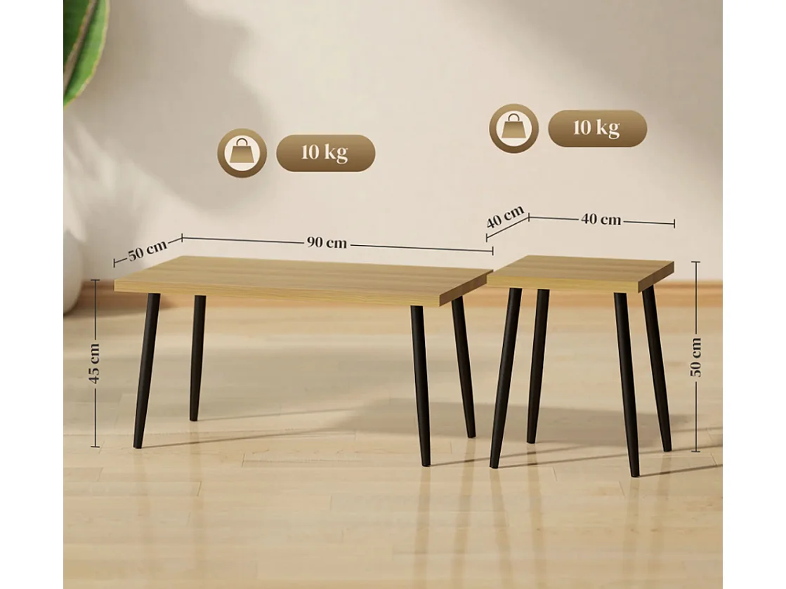 2er-Set Kaffeetische, Großer und kleiner Tisch mit Metallrahmen und Holzplatte, Flexible Kaffeetisch,Sofatisch Wohnzimmertisch