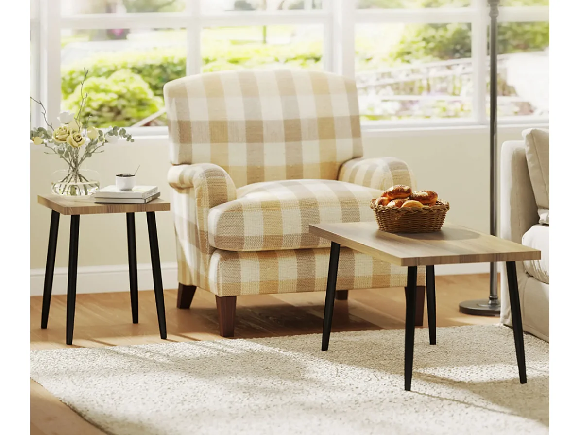 2er-Set Kaffeetische, Großer und kleiner Tisch mit Metallrahmen und Holzplatte, Flexible Kaffeetisch,Sofatisch Wohnzimmertisch