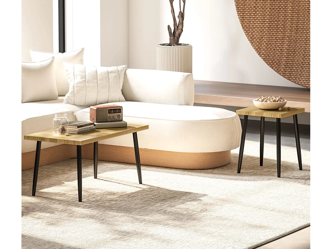 2er-Set Kaffeetische, Großer und kleiner Tisch mit Metallrahmen und Holzplatte, Flexible Kaffeetisch,Sofatisch Wohnzimmertisch