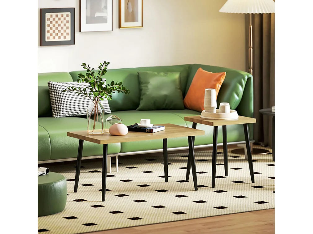 2er-Set Kaffeetische, Großer und kleiner Tisch mit Metallrahmen und Holzplatte, Flexible Kaffeetisch,Sofatisch Wohnzimmertisch