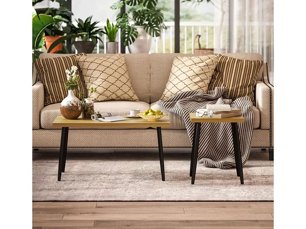 2er-Set Kaffeetische, Großer und kleiner Tisch mit Metallrahmen und Holzplatte, Flexible Kaffeetisch,Sofatisch Wohnzimmertisch