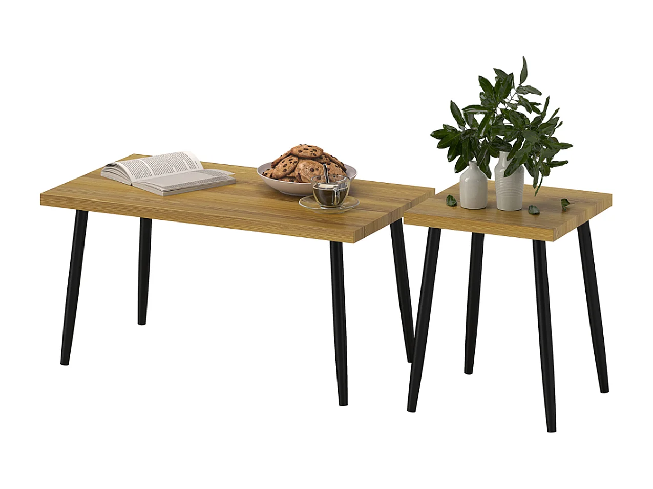 2er-Set Kaffeetische, Großer und kleiner Tisch mit Metallrahmen und Holzplatte, Flexible Kaffeetisch,Sofatisch Wohnzimmertisch