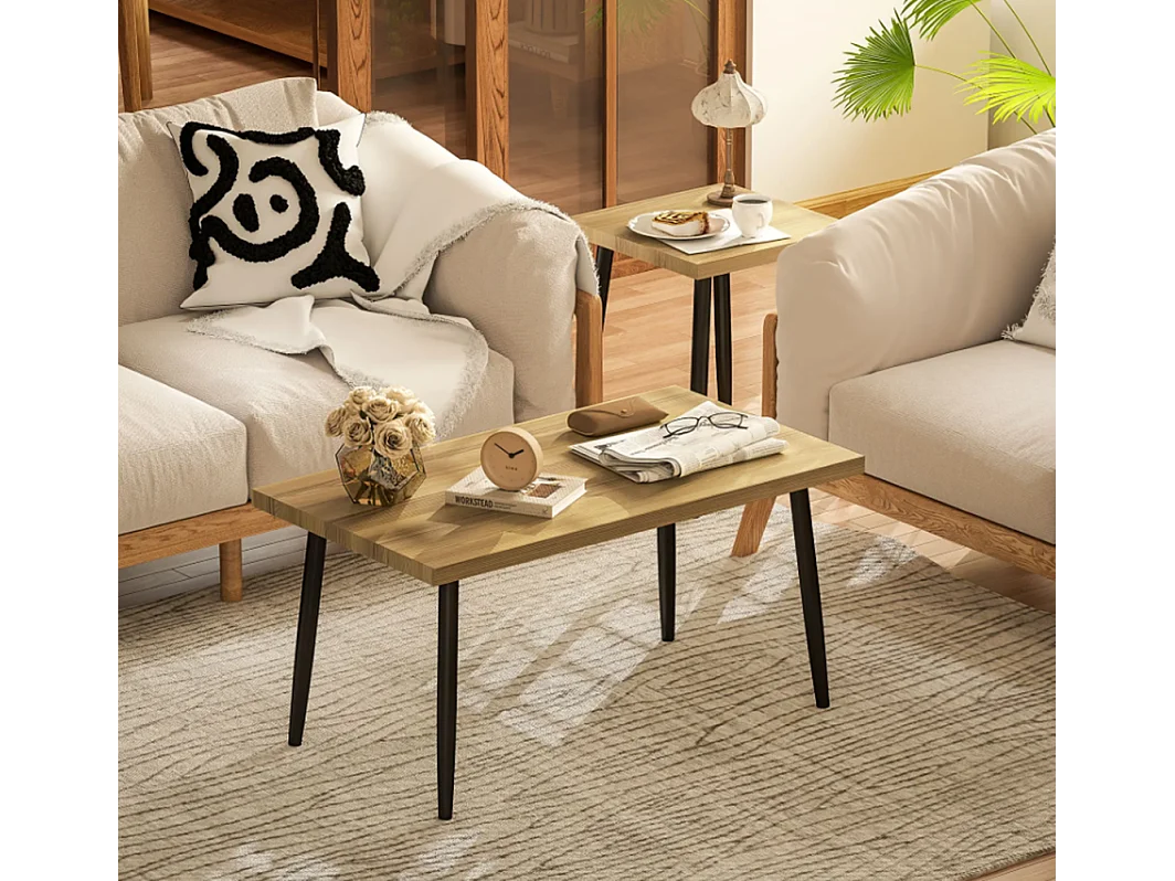 2er-Set Kaffeetische, Großer und kleiner Tisch mit Metallrahmen und Holzplatte, Flexible Kaffeetisch,Sofatisch Wohnzimmertisch