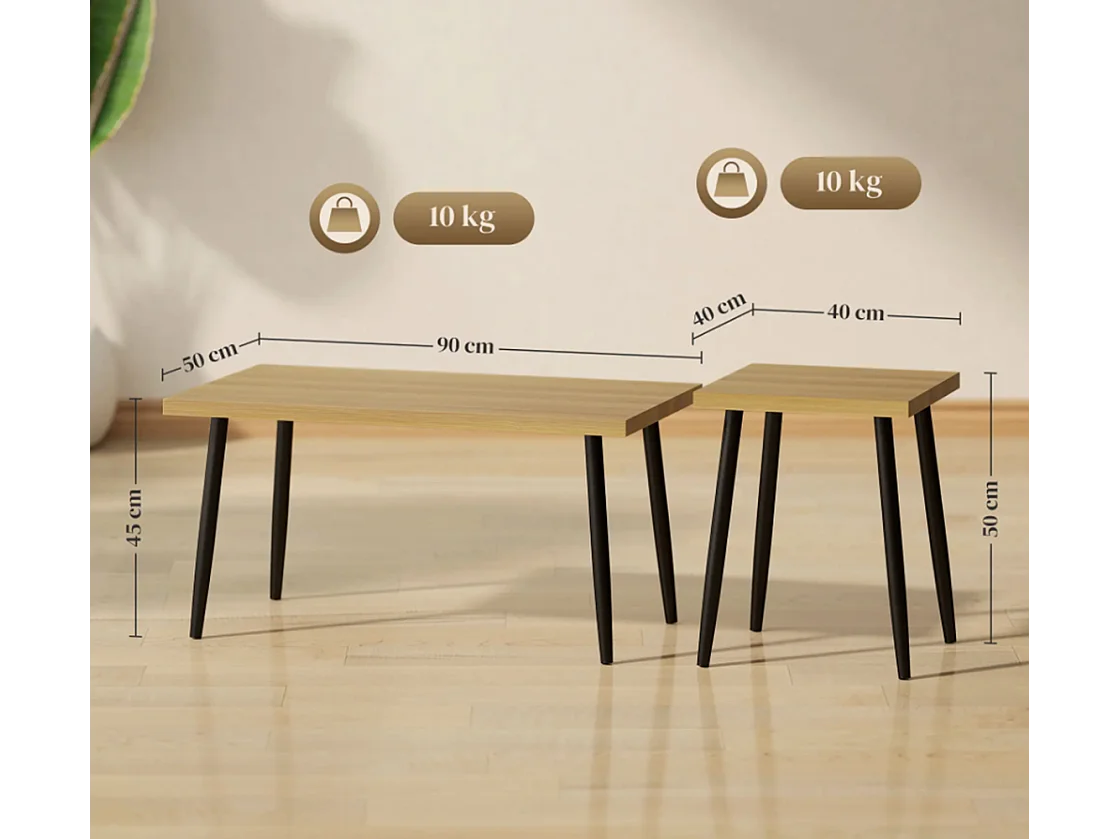 2er-Set Kaffeetische, Großer und kleiner Tisch mit Metallrahmen und Holzplatte, Flexible Kaffeetisch,Sofatisch Wohnzimmertisch