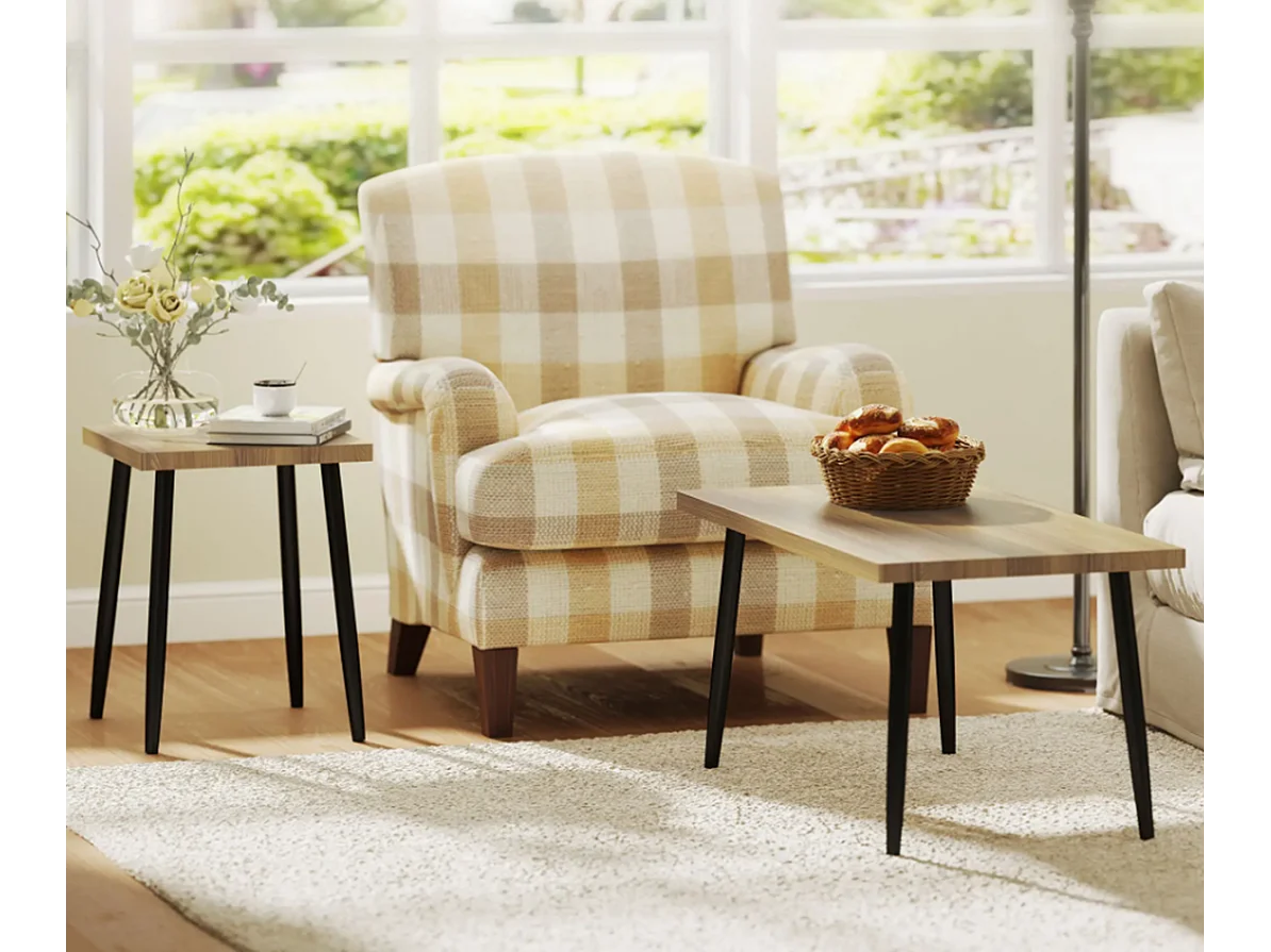 2er-Set Kaffeetische, Großer und kleiner Tisch mit Metallrahmen und Holzplatte, Flexible Kaffeetisch,Sofatisch Wohnzimmertisch