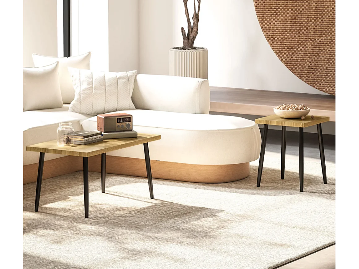 2er-Set Kaffeetische, Großer und kleiner Tisch mit Metallrahmen und Holzplatte, Flexible Kaffeetisch,Sofatisch Wohnzimmertisch
