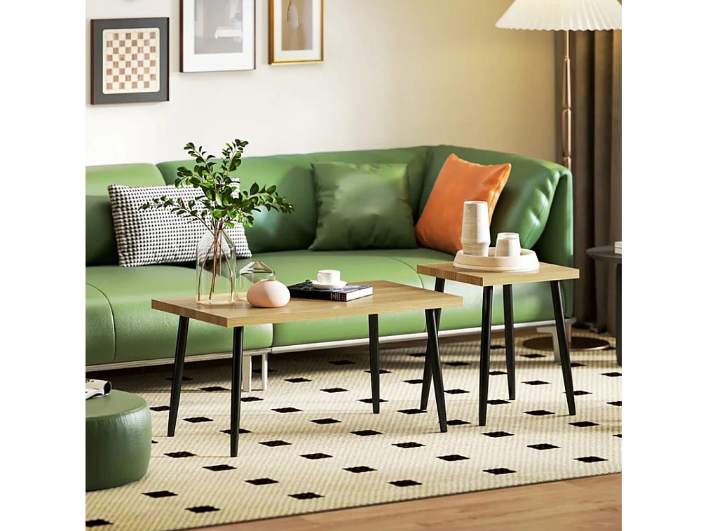 2er-Set Kaffeetische, Großer und kleiner Tisch mit Metallrahmen und Holzplatte, Flexible Kaffeetisch,Sofatisch Wohnzimmertisch