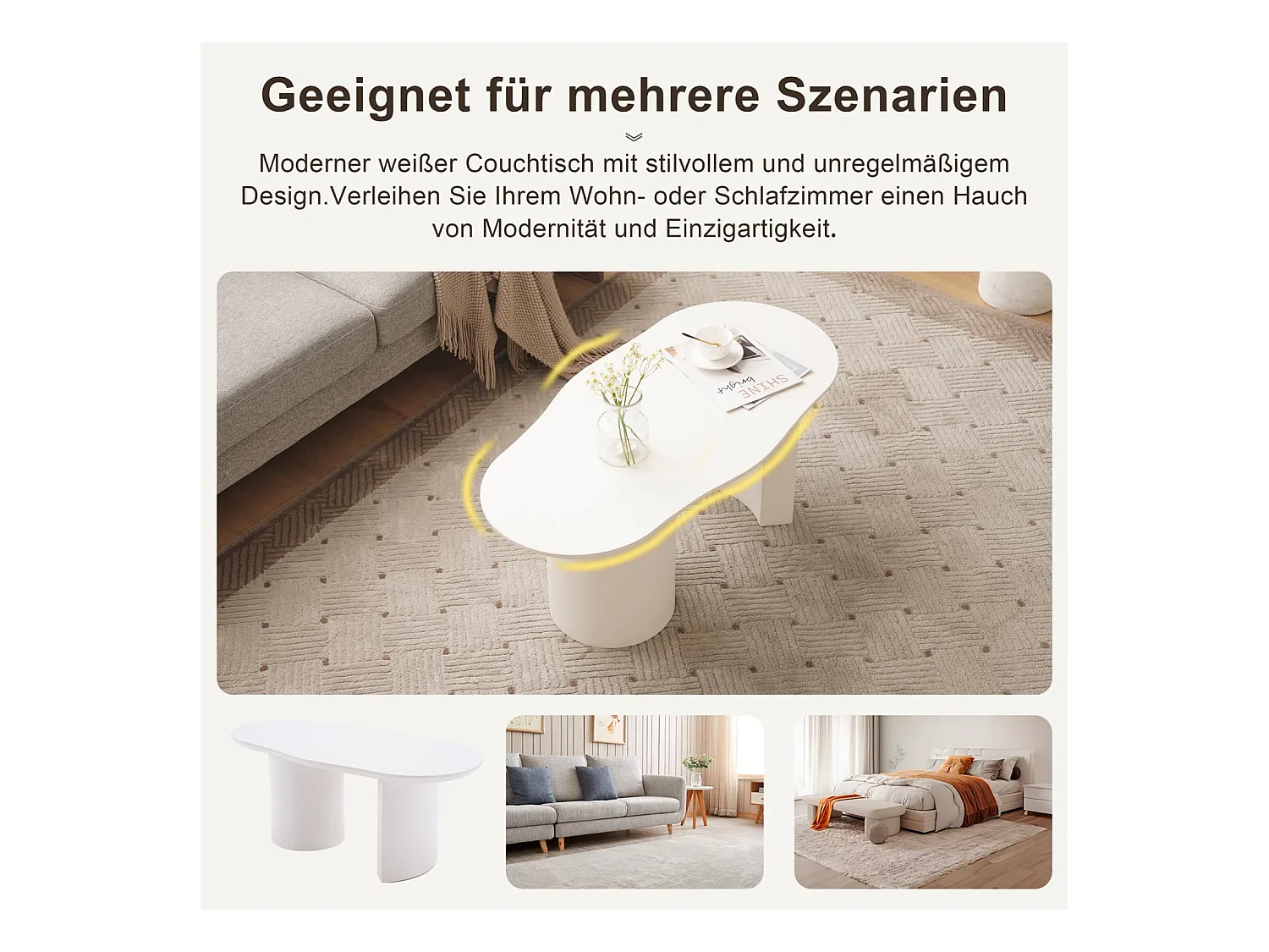 Stabiler und langlebiger unregelmäßiger Couchtisch-hochwertiges MDF,lackierte Oberfläche,zarte Haptik,elegant geschwungene Tischplatte