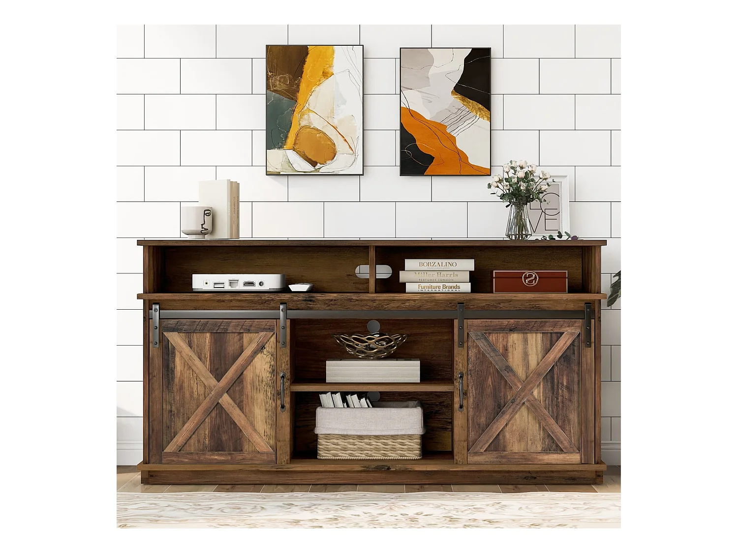 Großer TV-Schrank, Sideboard, Unterhaltungscenter mit 2 klassischen Schiebetüren, verstellbaren Regalen für Wohnzimmer, Esszimmer, Farm-Design