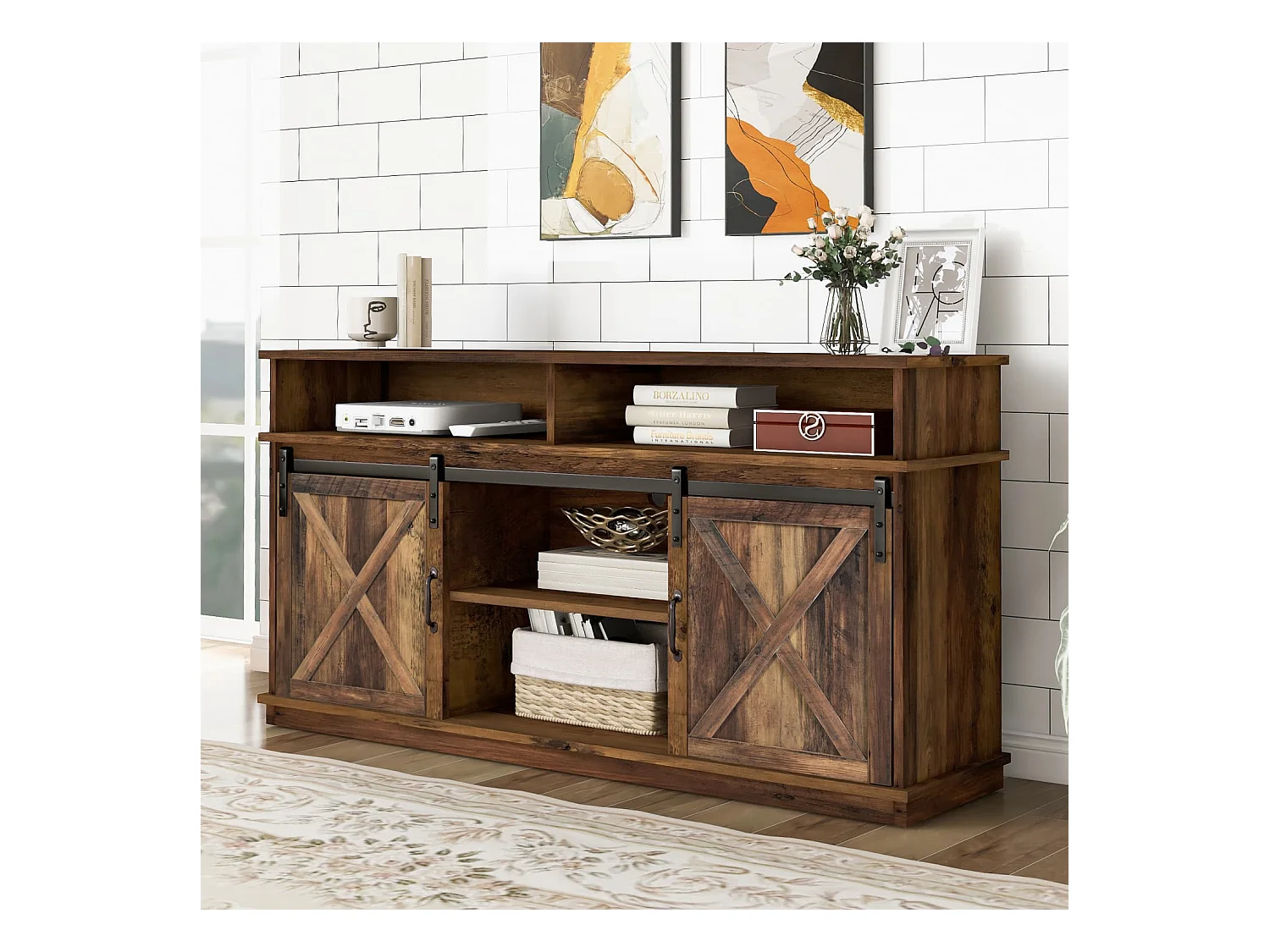 Großer TV-Schrank, Sideboard, Unterhaltungscenter mit 2 klassischen Schiebetüren, verstellbaren Regalen für Wohnzimmer, Esszimmer, Farm-Design