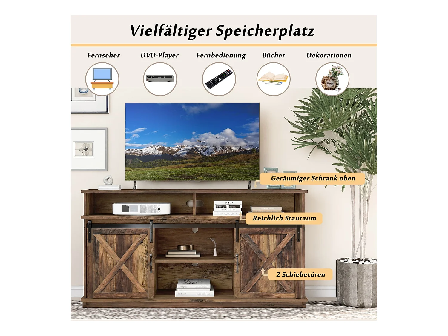 Großer TV-Schrank, Sideboard, Unterhaltungscenter mit 2 klassischen Schiebetüren, verstellbaren Regalen für Wohnzimmer, Esszimmer, Farm-Design