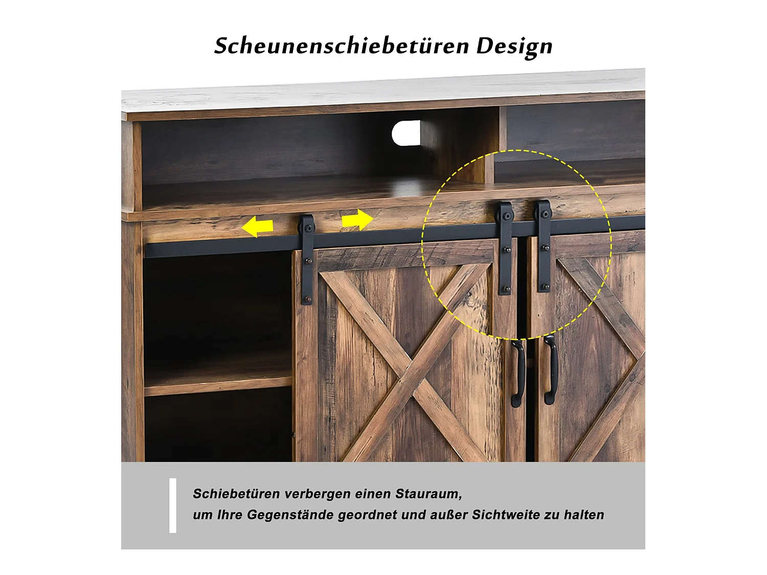 Großer TV-Schrank, Sideboard, Unterhaltungscenter mit 2 klassischen Schiebetüren, verstellbaren Regalen für Wohnzimmer, Esszimmer, Farm-Design
