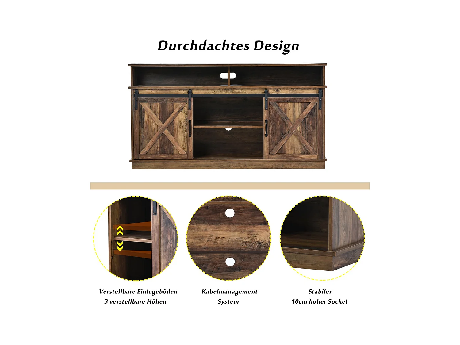 Großer TV-Schrank, Sideboard, Unterhaltungscenter mit 2 klassischen Schiebetüren, verstellbaren Regalen für Wohnzimmer, Esszimmer, Farm-Design