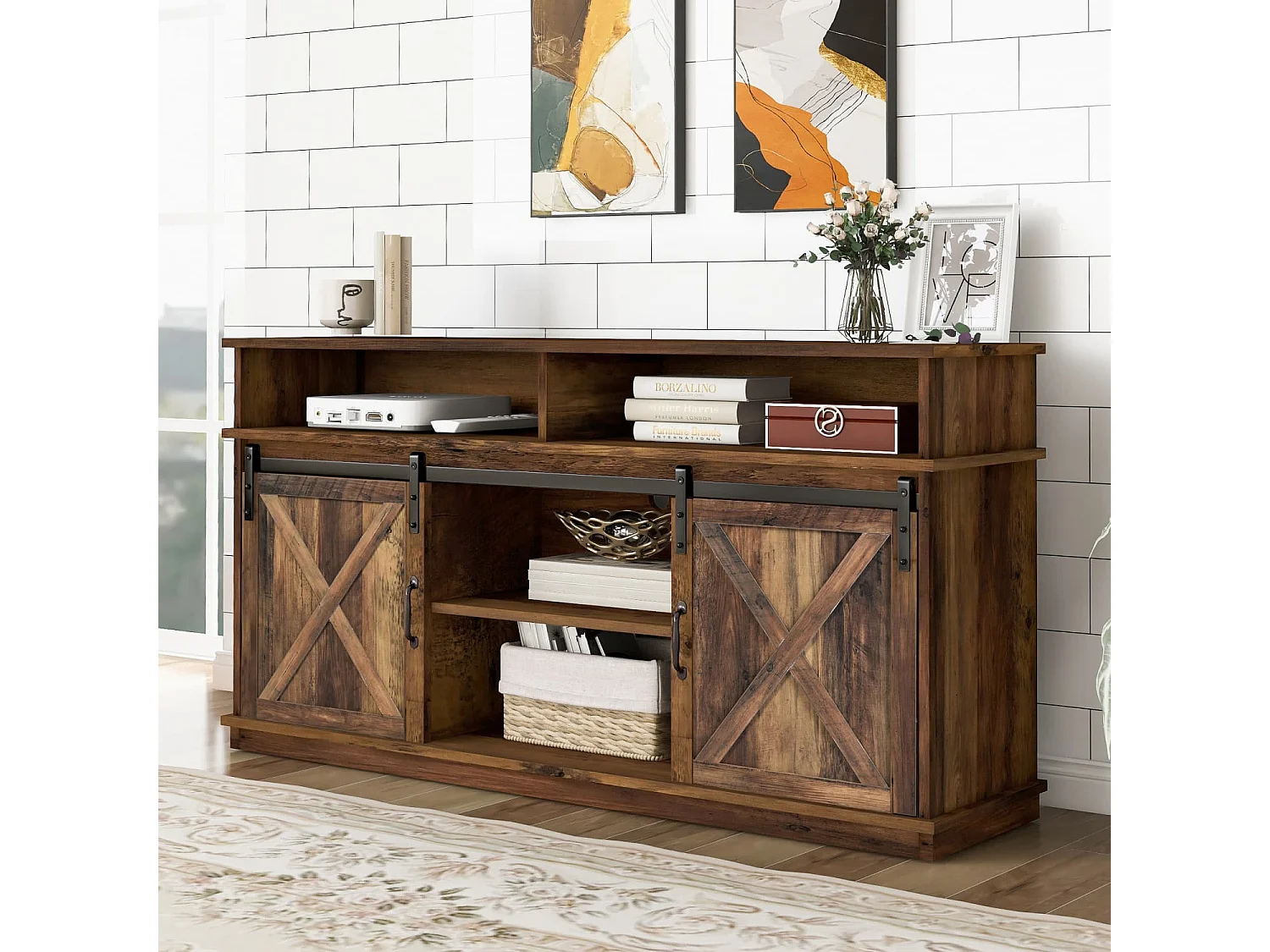 Großer TV-Schrank, Sideboard, Unterhaltungscenter mit 2 klassischen Schiebetüren, verstellbaren Regalen für Wohnzimmer, Esszimmer, Farm-Design