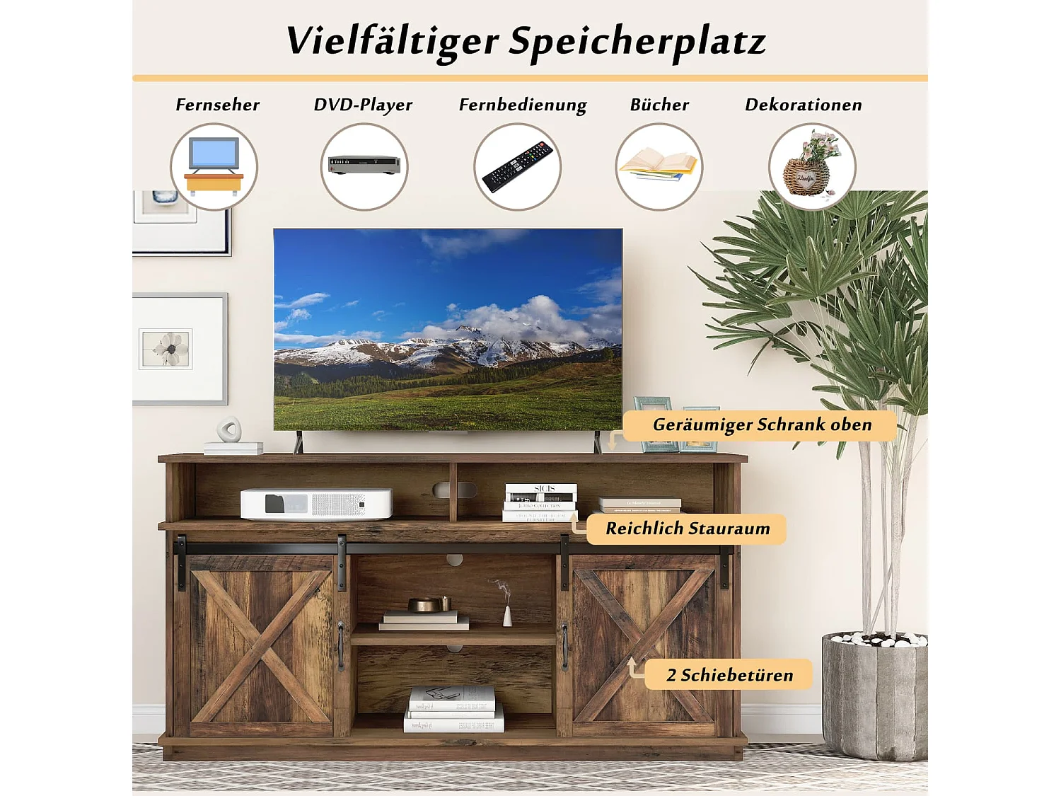 Großer TV-Schrank, Sideboard, Unterhaltungscenter mit 2 klassischen Schiebetüren, verstellbaren Regalen für Wohnzimmer, Esszimmer, Farm-Design
