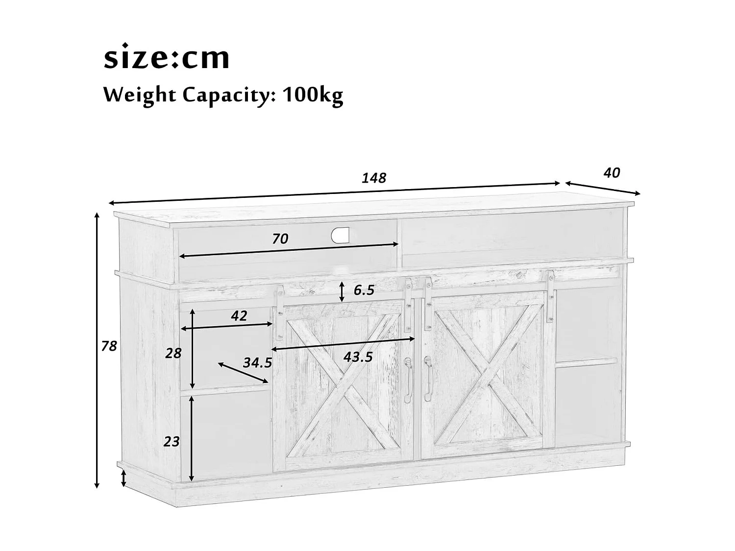 Großer TV-Schrank, Sideboard, Unterhaltungscenter mit 2 klassischen Schiebetüren, verstellbaren Regalen für Wohnzimmer, Esszimmer, Farm-Design