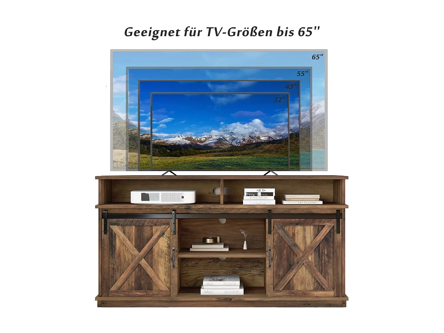 Großer TV-Schrank, Sideboard, Unterhaltungscenter mit 2 klassischen Schiebetüren, verstellbaren Regalen für Wohnzimmer, Esszimmer, Farm-Design