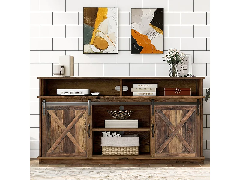 Großer TV-Schrank, Sideboard, Unterhaltungscenter mit 2 klassischen Schiebetüren, verstellbaren Regalen für Wohnzimmer, Esszimmer, Farm-Design