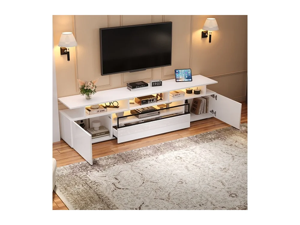 TV-Schrank,Hochglanz-TV-Ständer mit 2 Schränken und 1 Schublade,Lowboard Mit LED, passend für Fernseher um die 75 Zoll 180*38*45cm