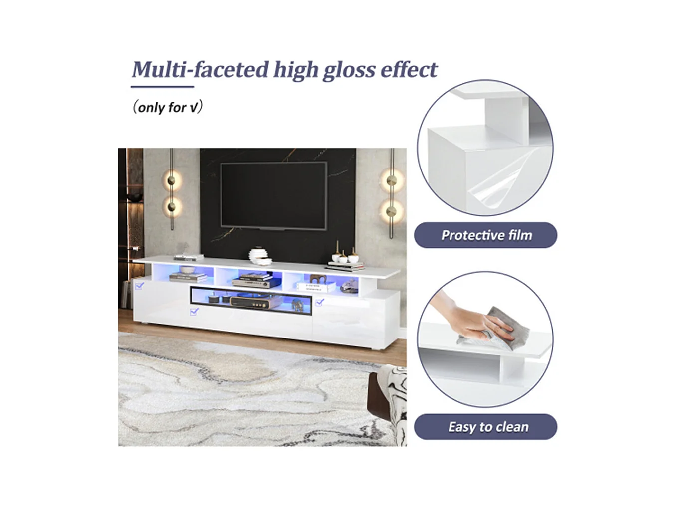 TV-Schrank,Hochglanz-TV-Ständer mit 2 Schränken und 1 Schublade,Lowboard Mit LED, passend für Fernseher um die 75 Zoll 180*38*45cm