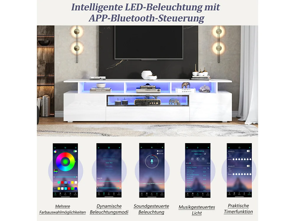 TV-Schrank,Hochglanz-TV-Ständer mit 2 Schränken und 1 Schublade,Lowboard Mit LED, passend für Fernseher um die 75 Zoll 180*38*45cm