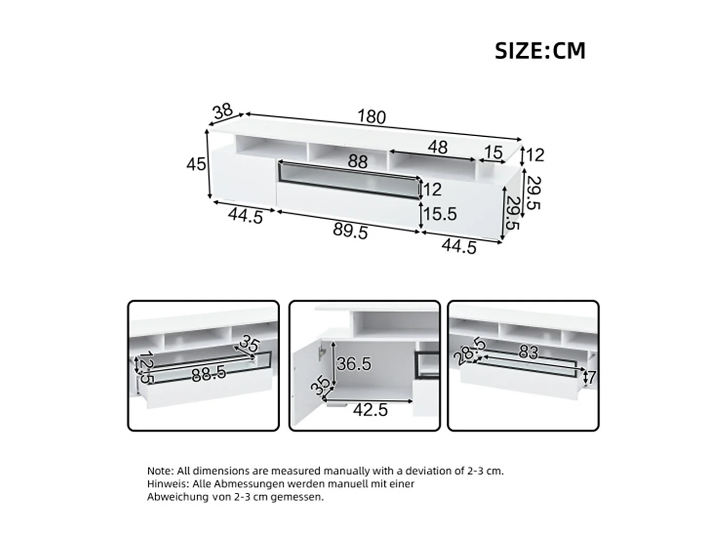 TV-Schrank,Hochglanz-TV-Ständer mit 2 Schränken und 1 Schublade,Lowboard Mit LED, passend für Fernseher um die 75 Zoll 180*38*45cm