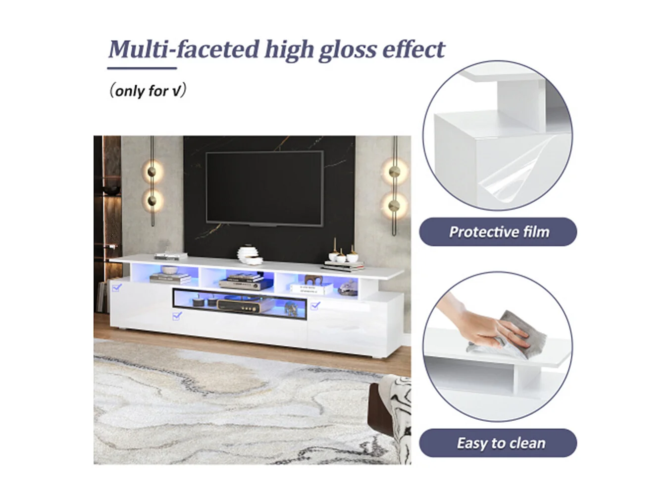 TV-Schrank,Hochglanz-TV-Ständer mit 2 Schränken und 1 Schublade,Lowboard Mit LED, passend für Fernseher um die 75 Zoll 180*38*45cm