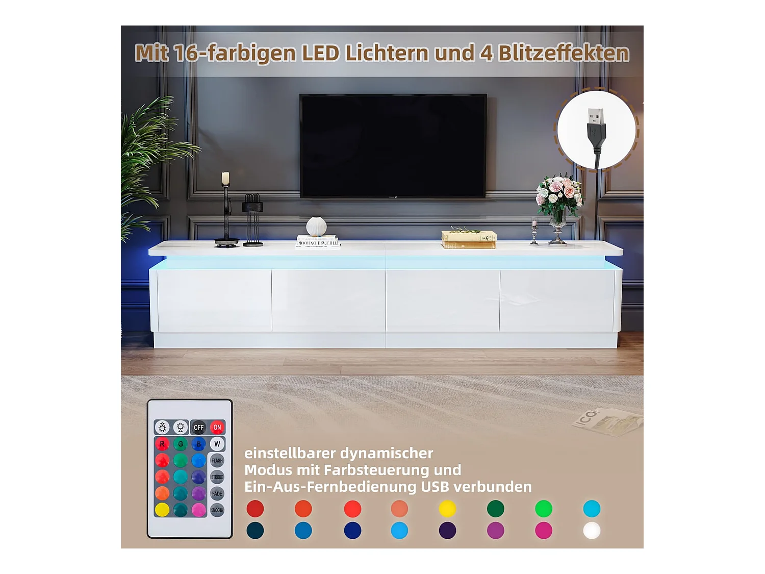 TV schrank mit 4 schubladen,TV stand und Fernsehschrank Mit LED,Hochglanz Lowboard und Fernsehtisch,TV-Board und TV-Kommode Geeignet für Fernseher