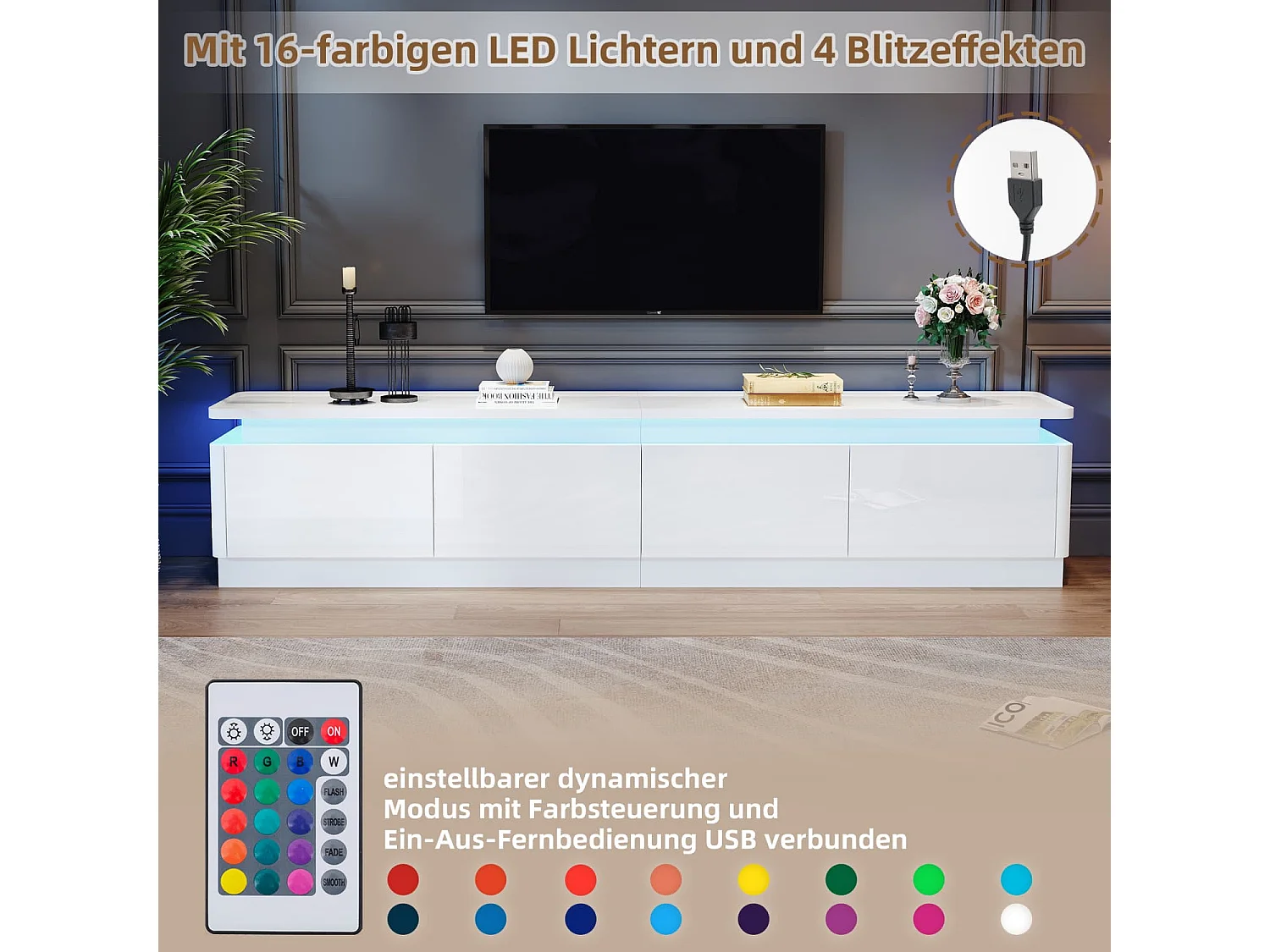 TV schrank mit 4 schubladen,TV stand und Fernsehschrank Mit LED,Hochglanz Lowboard und Fernsehtisch,TV-Board und TV-Kommode Geeignet für Fernseher