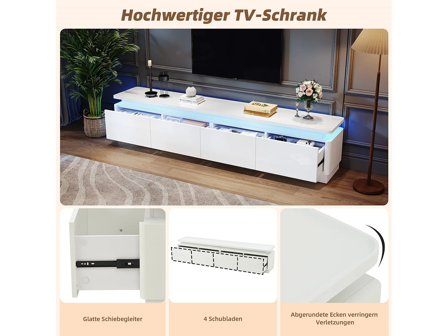TV schrank mit 4 schubladen,TV stand und Fernsehschrank Mit LED,Hochglanz Lowboard und Fernsehtisch,TV-Board und TV-Kommode Geeignet für Fernseher