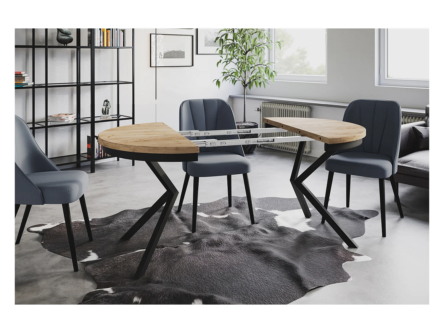 Table de salle à manger ronde BERGO, table à rallonges Diamètre : 120 cm/200 cm, couleur de la table basse : marron, avec pieds métalliques de couleur noire