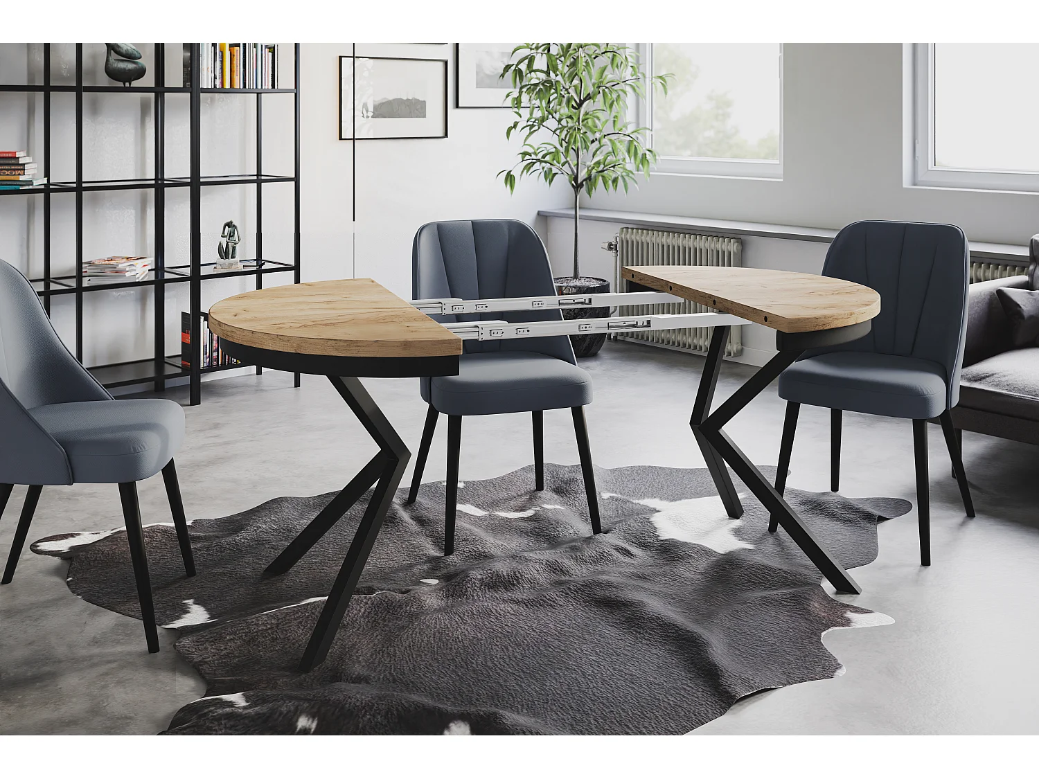 Table de salle à manger ronde BERGO, table à rallonges Diamètre : 120 cm/200 cm, couleur de la table basse : marron, avec pieds métalliques de couleur noire