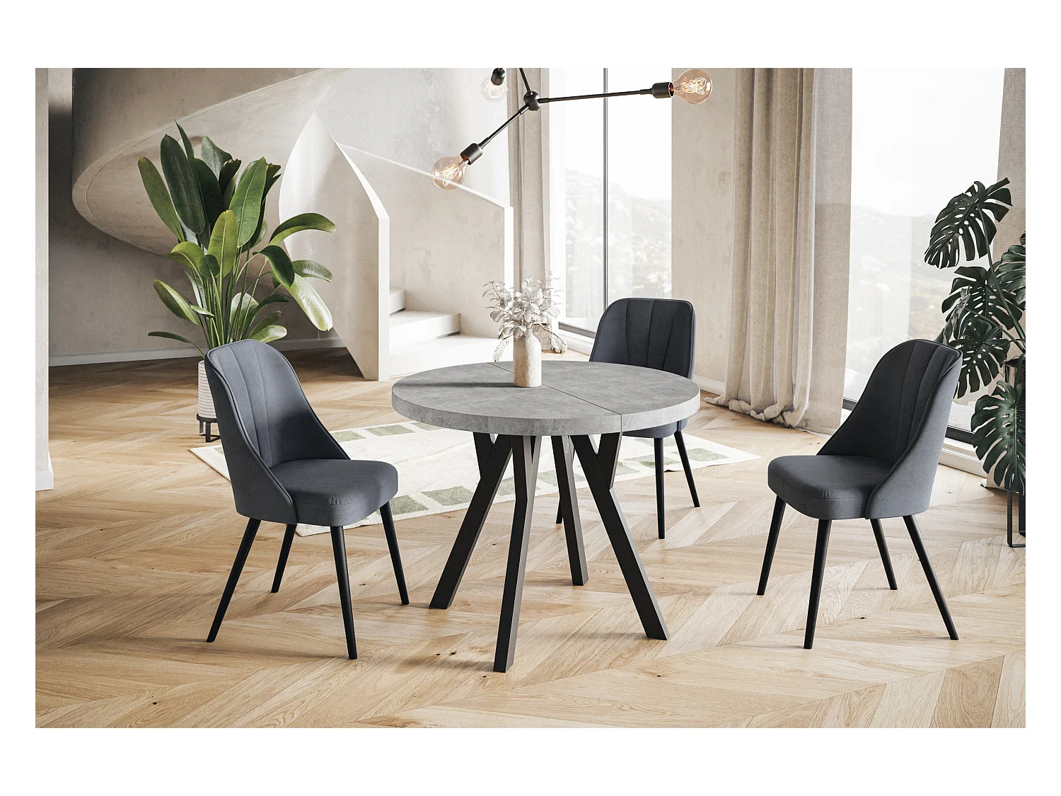 Table de salle à manger ronde OVO, table à rallonges Diamètre : 110 cm à 210 cm, couleur de la table basse : graphite, avec pieds en bois de couleur noire