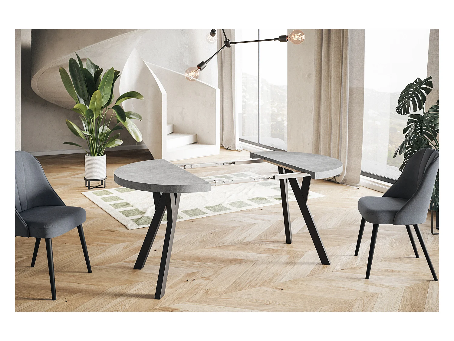 Table de salle à manger ronde OVO, table à rallonges Diamètre : 110 cm à 210 cm, couleur de la table basse : graphite, avec pieds en bois de couleur noire