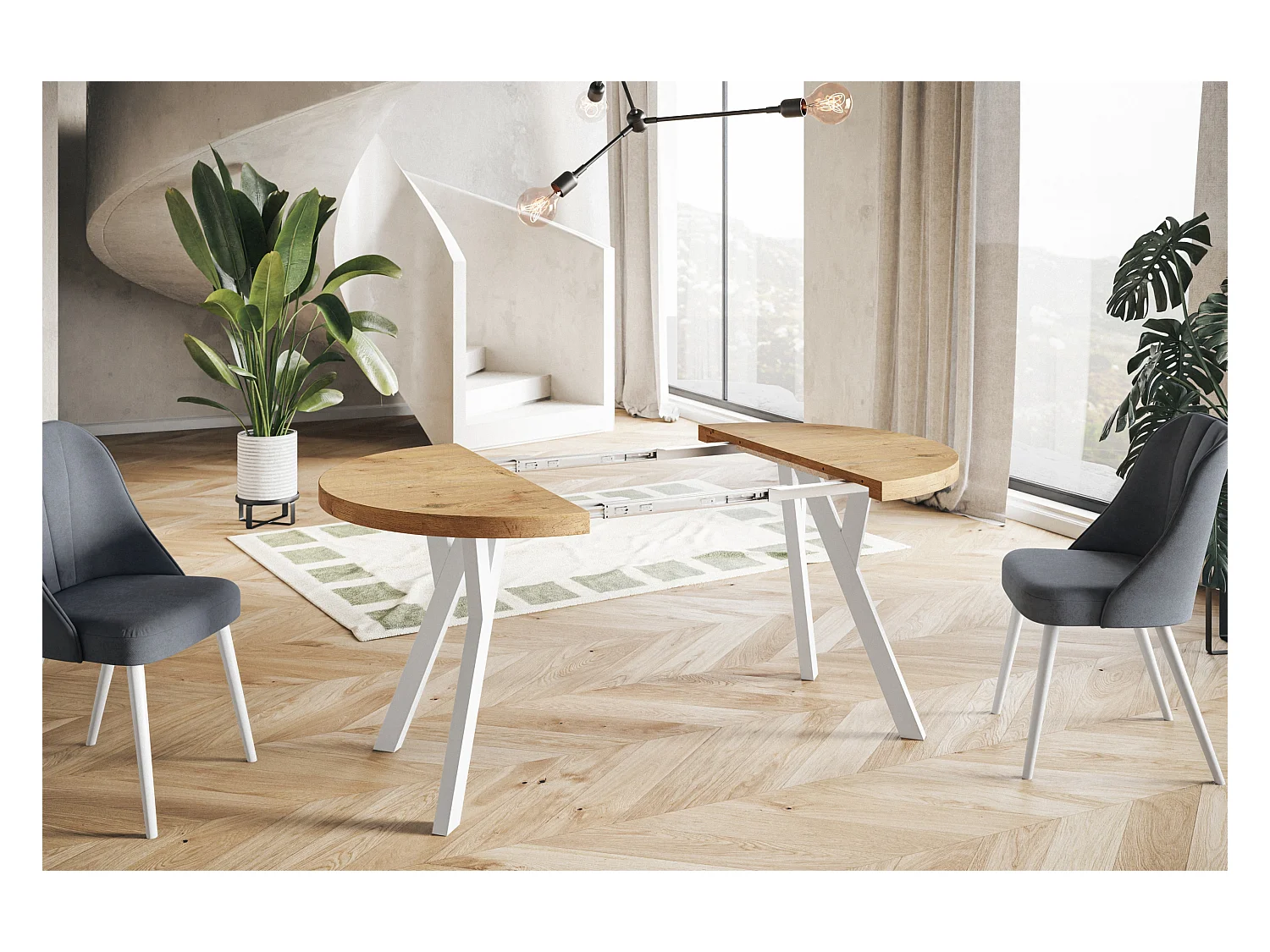 Table de salle à manger ronde OVO, table à rallonges Diamètre : 110 cm à 210 cm, couleur de la table basse : LANCELOT, avec pieds en bois blanc