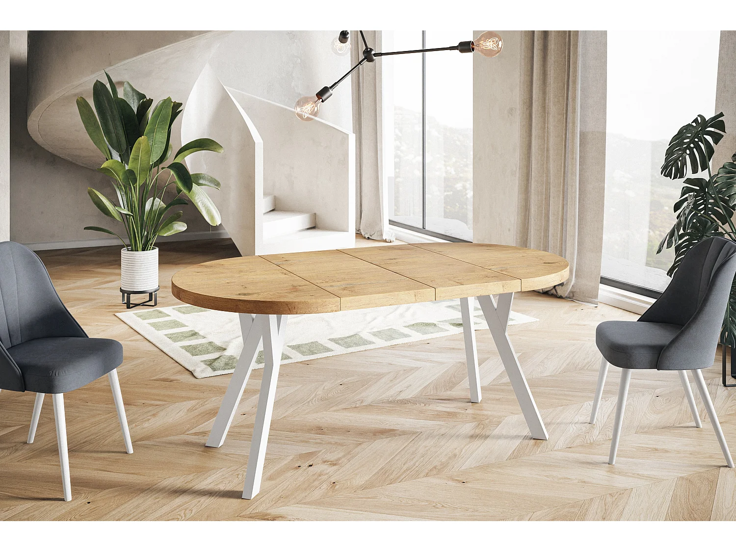 Table de salle à manger ronde OVO, table à rallonges Diamètre : 110 cm à 210 cm, couleur de la table basse : LANCELOT, avec pieds en bois blanc