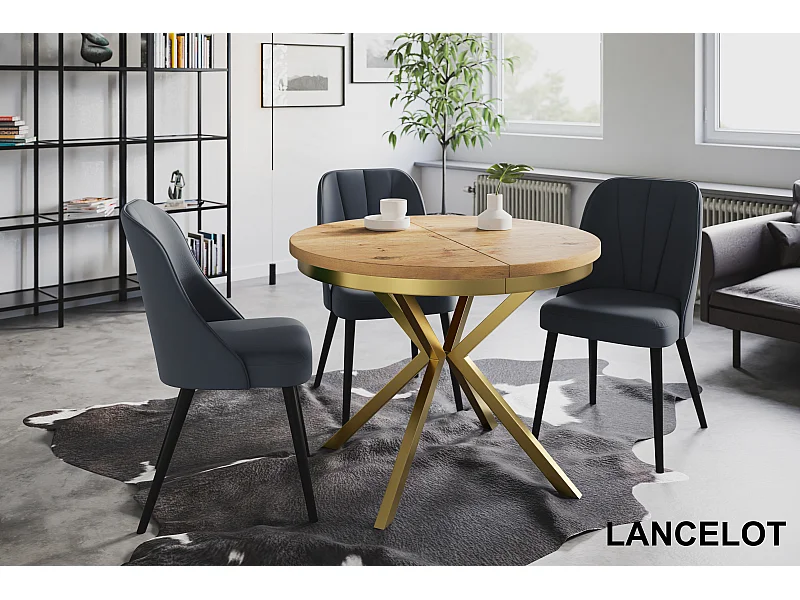 Table de salle à manger ronde BERGO, table à rallonges Diamètre : 100 cm/180 cm, table de salon Couleur : marron clair, avec pieds métalliques couleur or