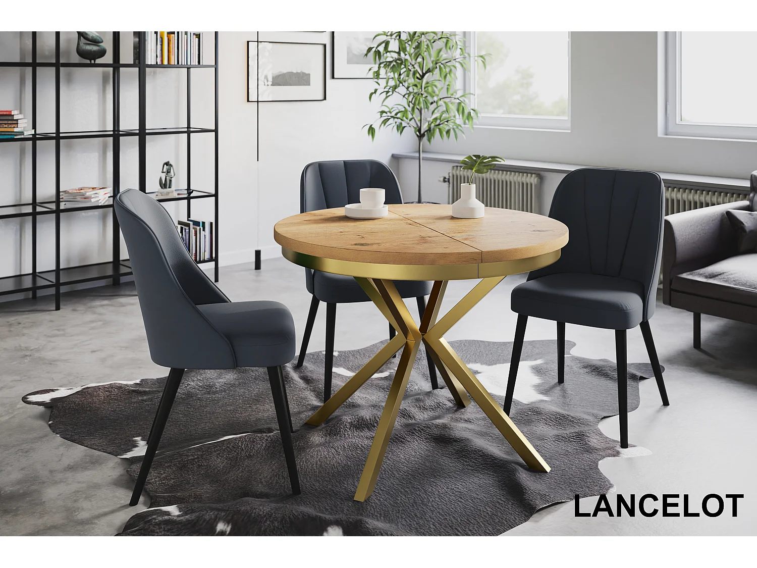 Table de salle à manger ronde BERGO, table à rallonges Diamètre : 100 cm/180 cm, table de salon Couleur : marron clair, avec pieds métalliques couleur or