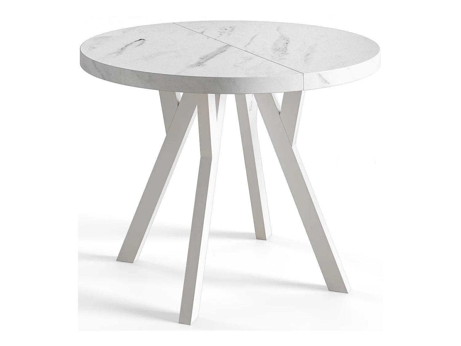 Table de salle à manger ronde OVO, table à rallonges Diamètre : 110 cm à 210 cm, couleur de la table basse : MARMUR, avec pieds en bois blanc