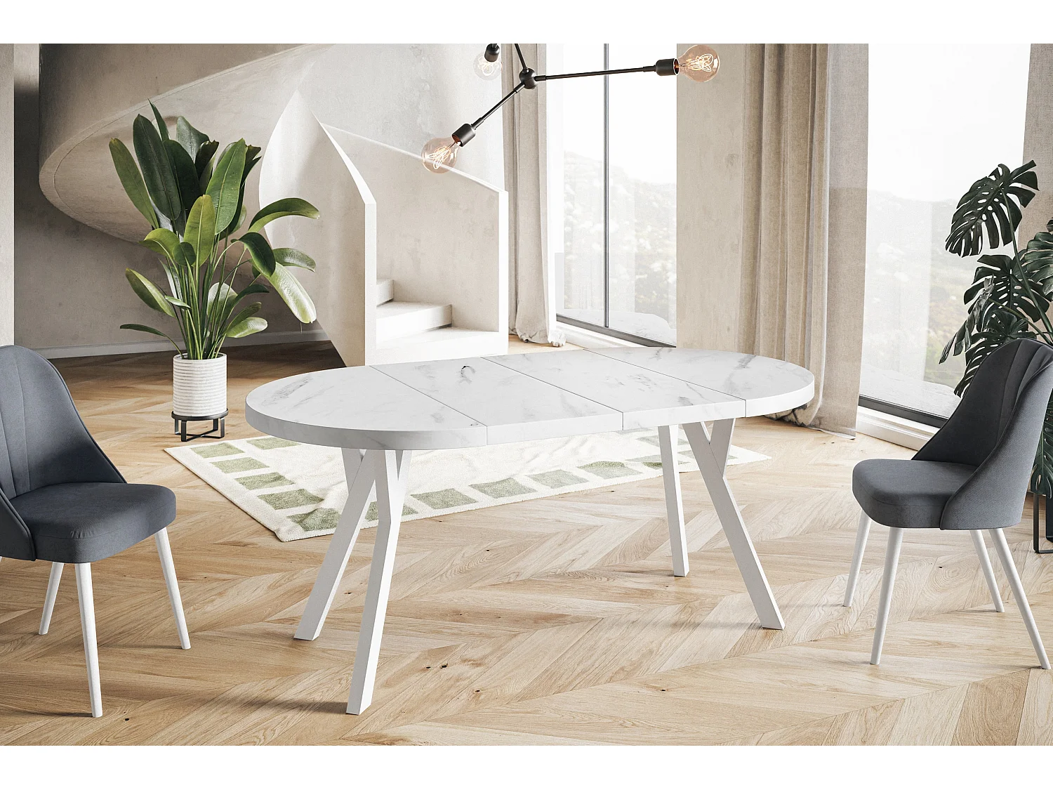 Table de salle à manger ronde OVO, table à rallonges Diamètre : 110 cm à 210 cm, couleur de la table basse : MARMUR, avec pieds en bois blanc