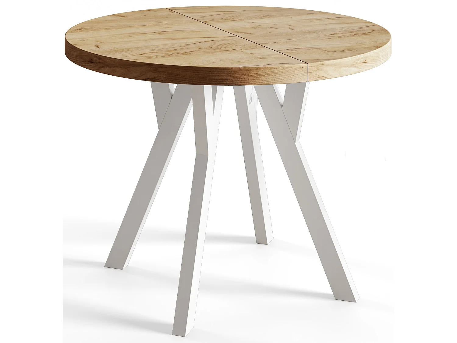 Table de salle à manger ronde OVO, table à rallonges Diamètre : 110 cm à 210 cm, couleur de la table basse : CRAFT, avec pieds en bois de couleur blanche