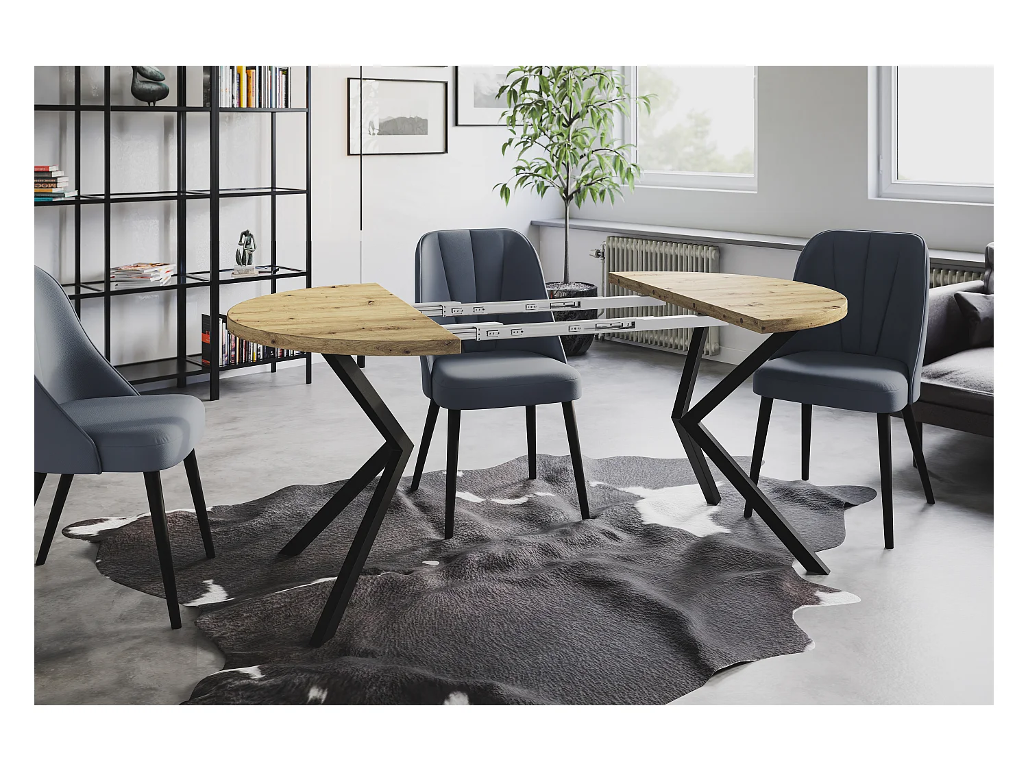 Table de salle à manger ronde BERGO, table à rallonges Diamètre : 90 cm/170 cm, couleur de la table basse : brun mat, avec pieds métalliques de couleur noire