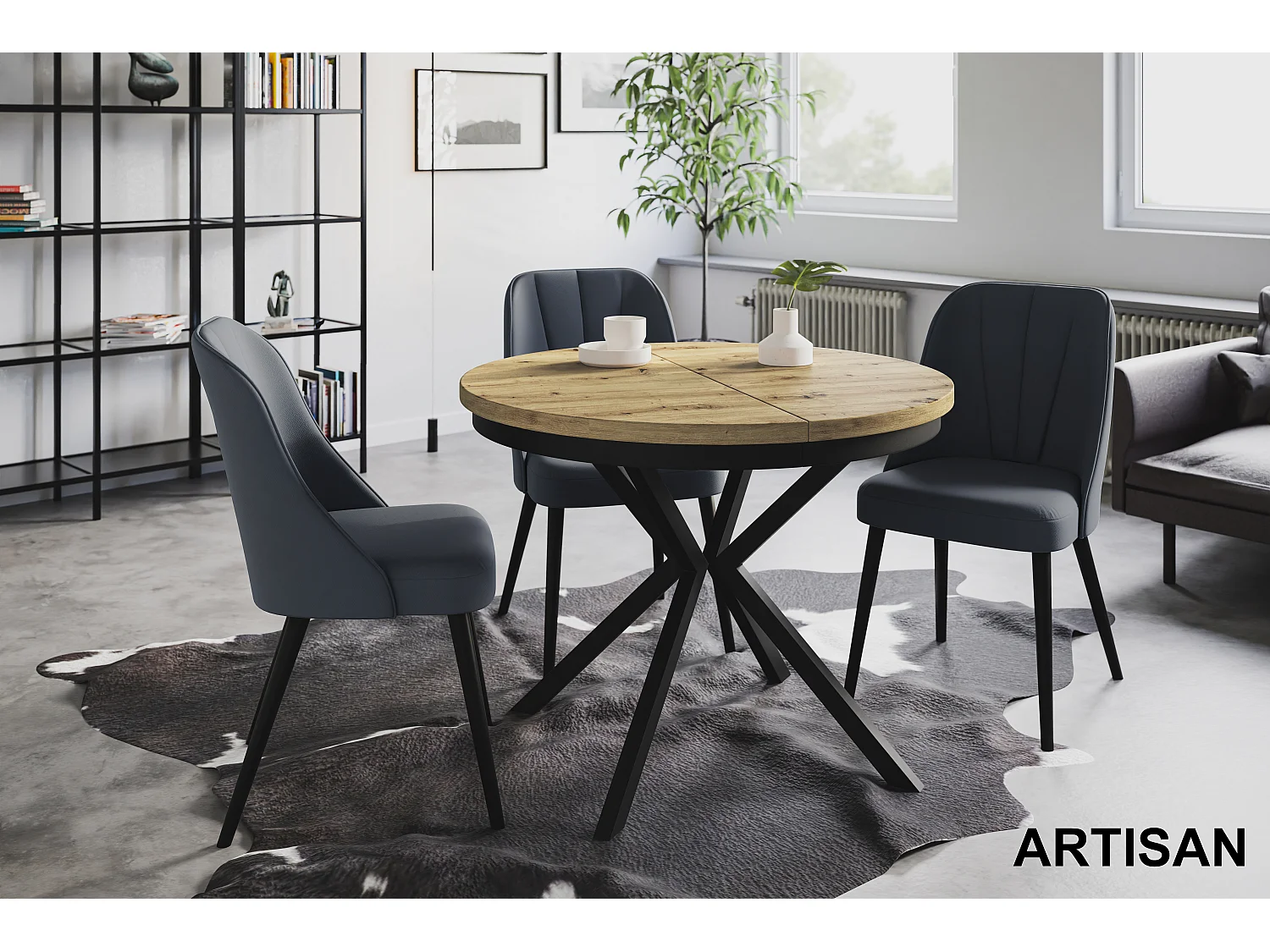 Table de salle à manger ronde BERGO, table à rallonges Diamètre : 90 cm/170 cm, couleur de la table basse : brun mat, avec pieds métalliques de couleur noire