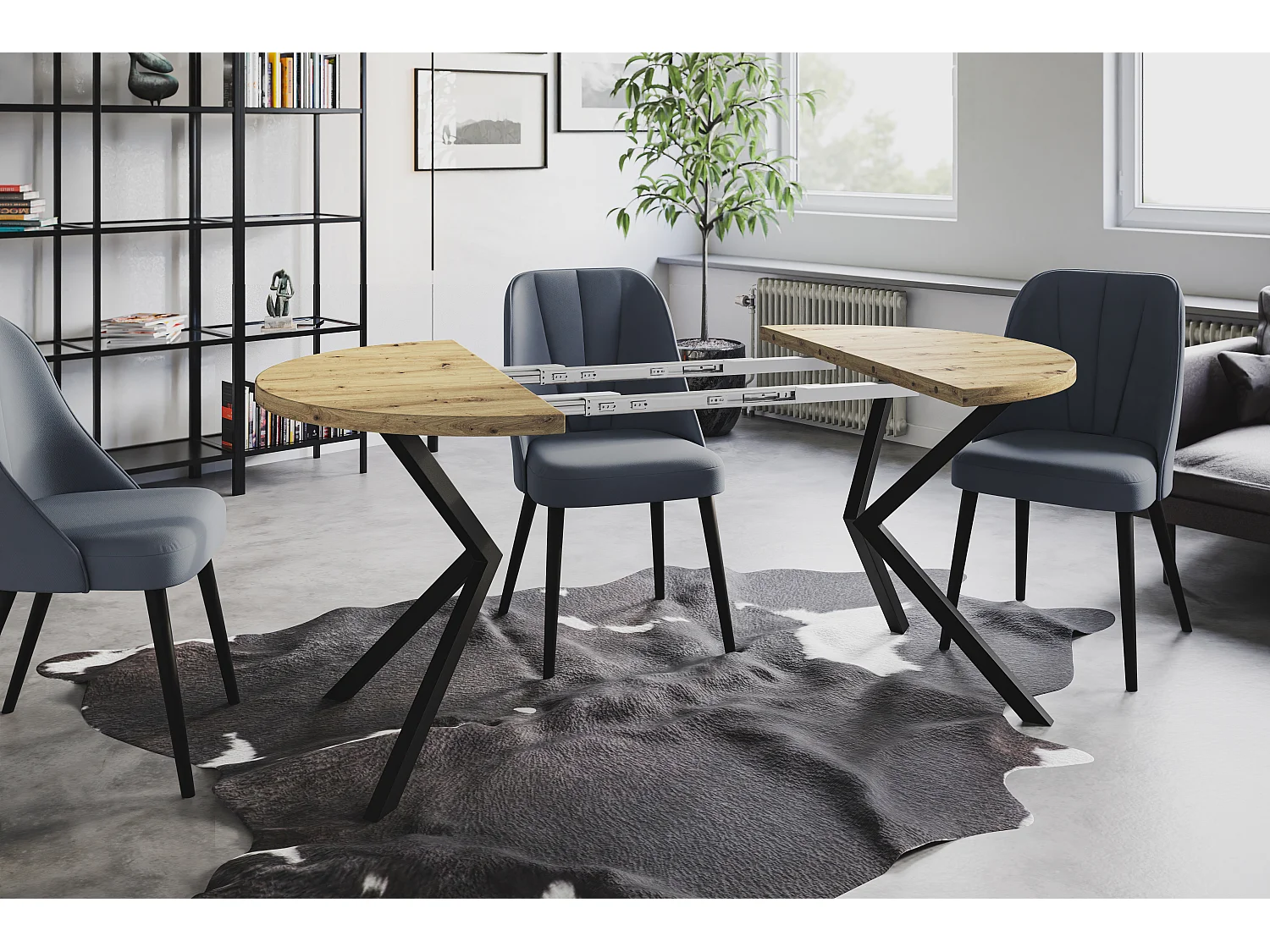 Table de salle à manger ronde BERGO, table à rallonges Diamètre : 90 cm/170 cm, couleur de la table basse : brun mat, avec pieds métalliques de couleur noire