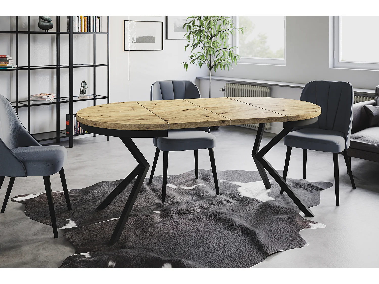 Table de salle à manger ronde BERGO, table à rallonges Diamètre : 90 cm/170 cm, couleur de la table basse : brun mat, avec pieds métalliques de couleur noire