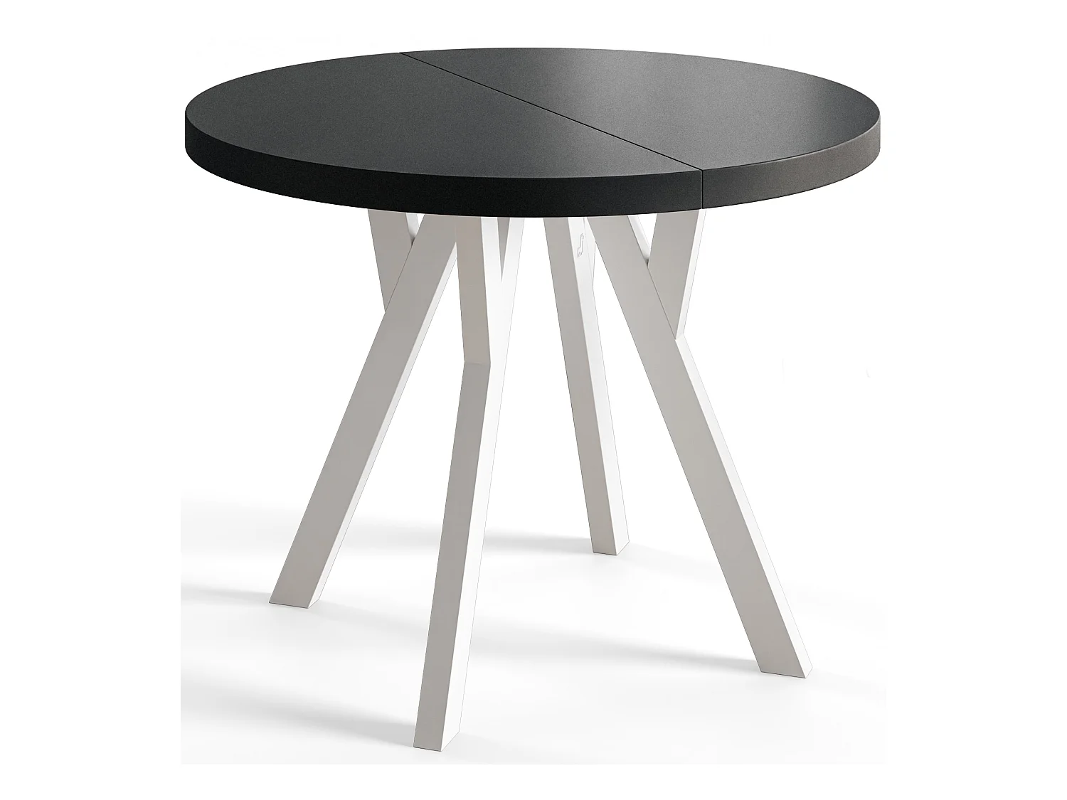 Table de salle à manger ronde OVO, table à rallonges Diamètre : 90 cm à 190 cm, couleur de la table basse : noir, avec pieds en bois de couleur blanc